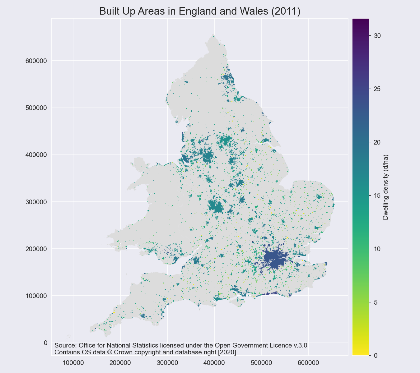 Map of BUAs in England and Wales coloured by dwelling density