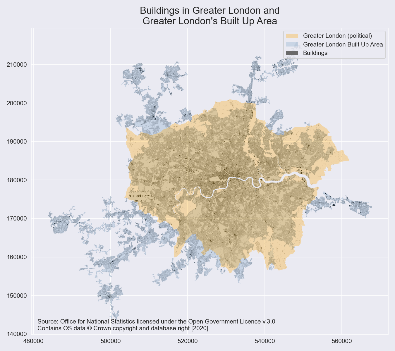 Greater London, its buildings and built up area