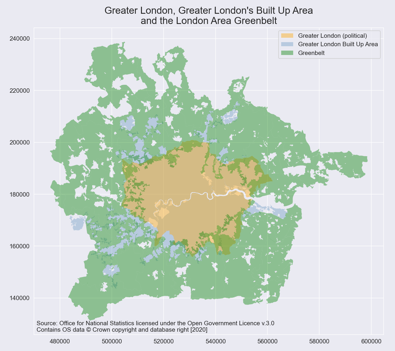 Greater London, its built up area and the London Area Greenbelt